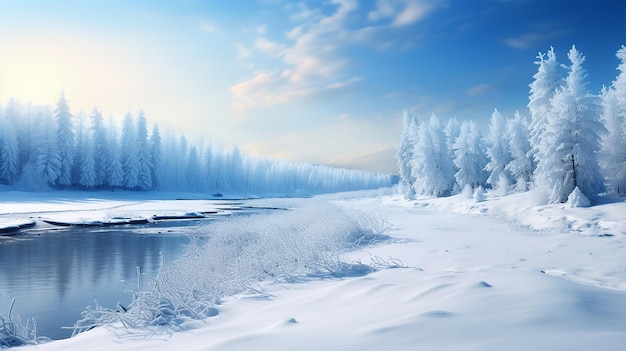 Fondo invernal de nieve y heladas con paisaje.