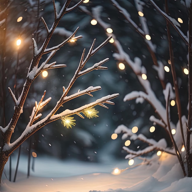 Fondo de invierno con árboles cubiertos de nieve y luces bokeh atenuadas