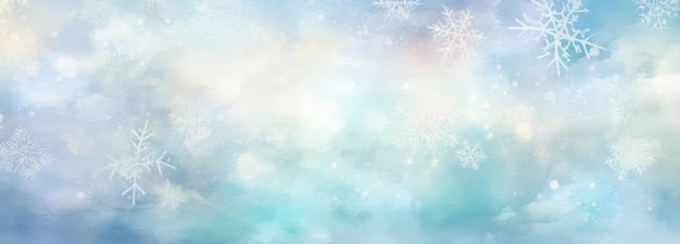 Fondo de invierno de bandera ancha con copos de nieve y bokeh en fondo azul suave en estilo acuarela con espacio para texto Ilustración de Año Nuevo de Navidad