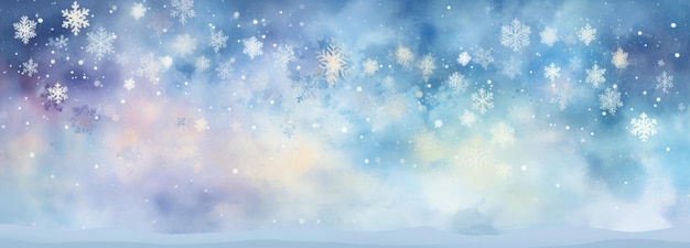 Fondo de invierno de bandera ancha con copos de nieve y bokeh en fondo azul suave en estilo acuarela con espacio para texto Ilustración de Año Nuevo de Navidad