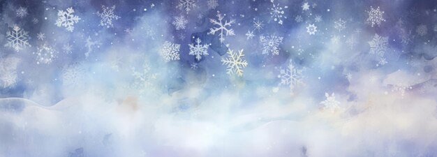 Fondo de invierno de bandera ancha con copos de nieve y bokeh en fondo azul suave en estilo acuarela con espacio para texto Ilustración de Año Nuevo de Navidad