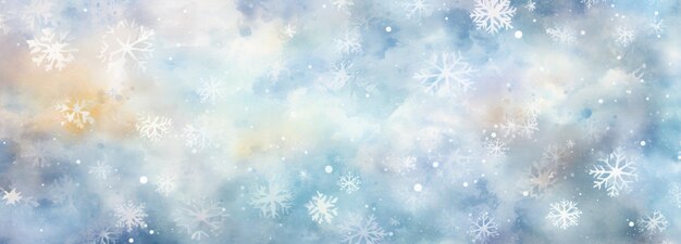 Fondo de invierno de bandera ancha con copos de nieve y bokeh en fondo azul suave en estilo acuarela con espacio para texto Ilustración de Año Nuevo de Navidad