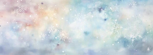 Fondo de invierno de bandera ancha con copos de nieve y bokeh en fondo azul suave en estilo acuarela con espacio para texto Ilustración de Año Nuevo de Navidad