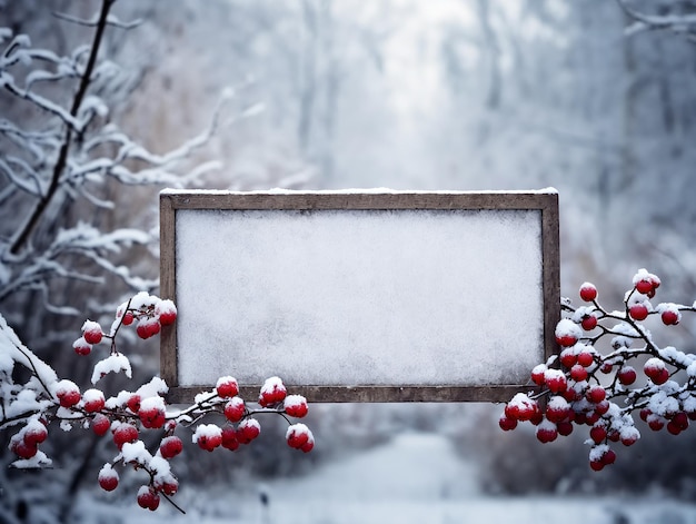 Fondo de invierno con bayas rojas congeladas en el marco de la ventana helada generada por la IA