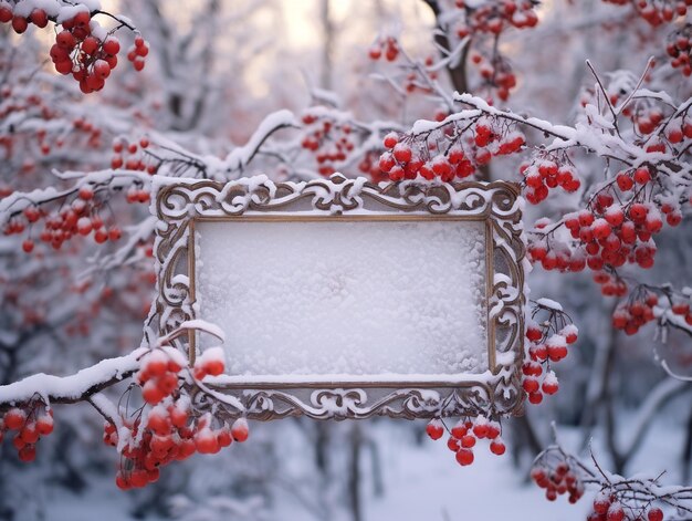 Fondo de invierno con bayas rojas congeladas en el marco de la ventana helada generada por la IA