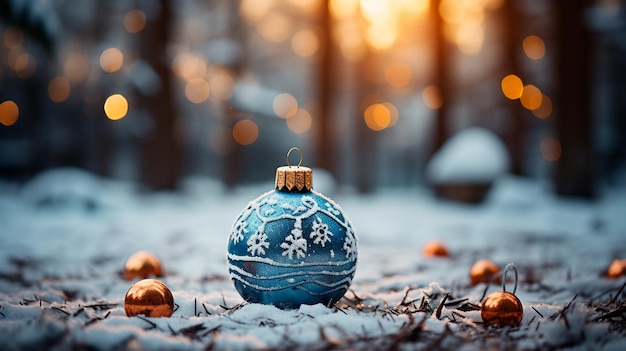 Foto fondo de invierno con bolas de navidad y abeto