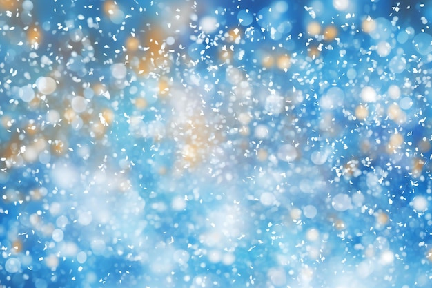 Foto fondo de invierno con copos de nieve y luces bokeh azules