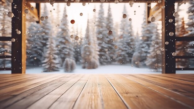 fondo de invierno con cubierta de madera, nieve y árboles en el fondo