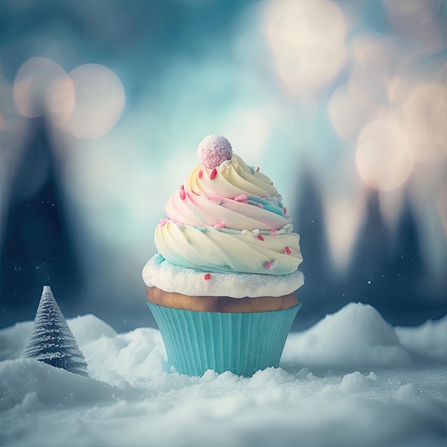 Fondo de invierno de cupcake con IA generativa de nieve