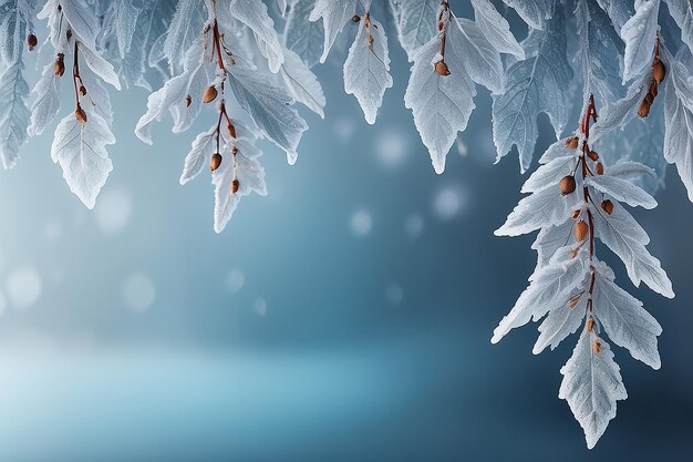 Fondo de invierno con hojas congeladas colgando