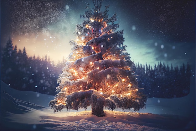 Fondo de invierno con luces brillantes y nieve en el árbol de Navidad con adornos