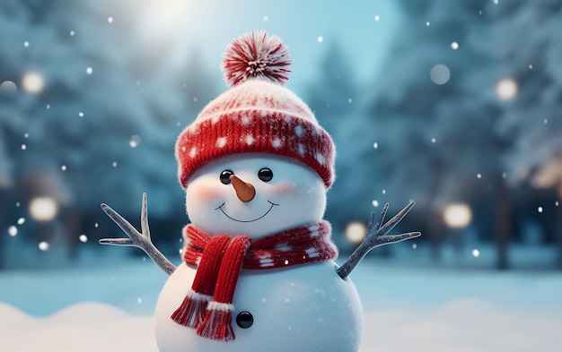 Fondo de invierno de navidad con nieve un lindo muñeco de nieve