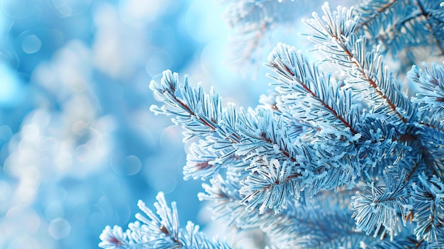 Fondo de invierno Rama de cedro congelada sobre un fondo azul