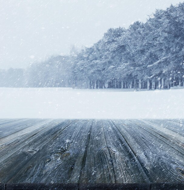 Fondo de invierno con tablas de madera en primer plano