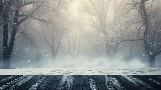 Foto fondo de invierno vacío para su decoración y lugar superior de madera oscura ai generativo