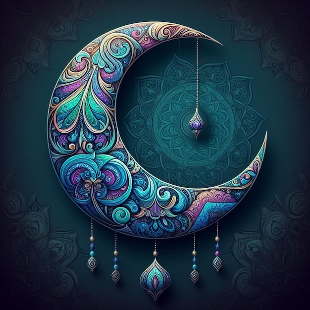 Fondo islámico azul con linterna colgante y luna creciente