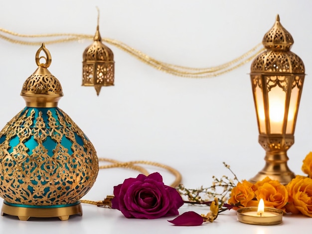 Foto fondo islámico para la celebración de eid ul fitr vista nocturna con lámpara islámica