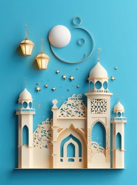 Fondo islámico Eid Mubarak Ramadán Kareem mezquita luna linterna Estilo de arte de papel Ai generado