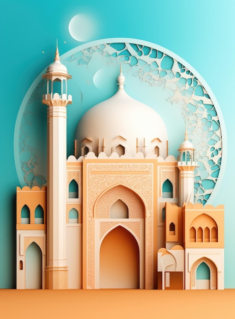 Fondo islámico Eid Mubarak Ramadán Kareem mezquita luna linterna Estilo de arte de papel Ai generado