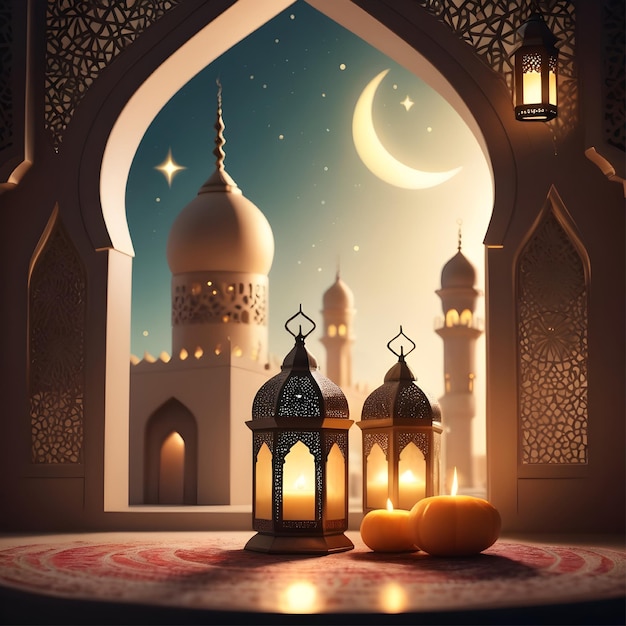 Fondo islámico con gran mezquita y linternas
