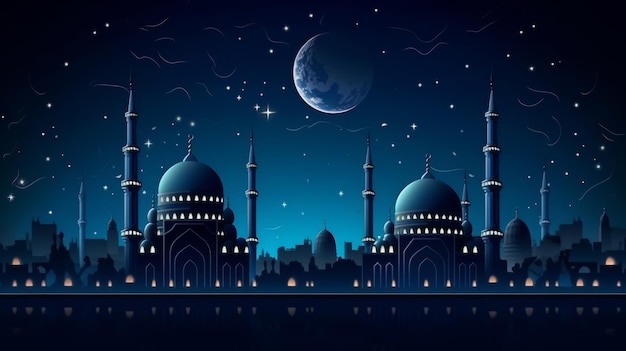 Fondo islámico hermosa mezquita y vista del cielo nocturno IA generativa