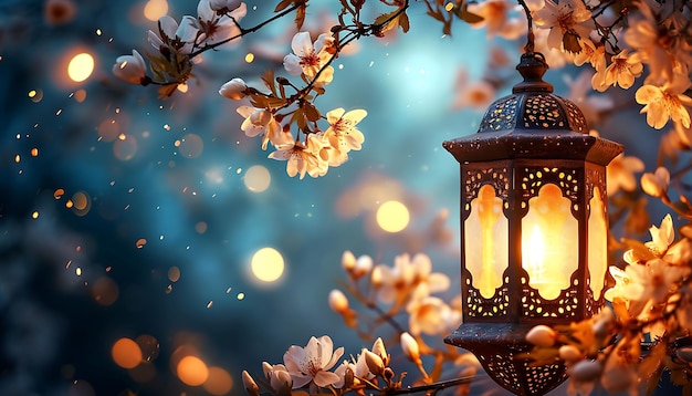Fondo islámico con linterna y flores hermoso fondo de Ramadán y estandarte