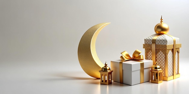 fondo islámico linterna media luna dorada en blanco concepto de diseño de Ramadán Kareem Eid Mubarak