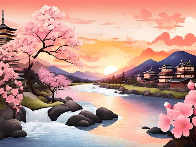 Fondo japonés con atardecer pequeño río y Sakura Tre