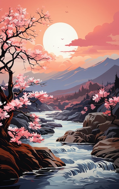 fondo japonés puesta de sol y pequeño río con árbol de sakura