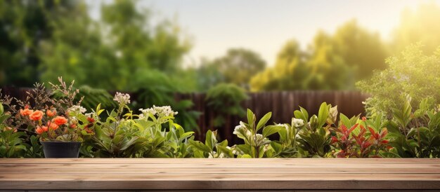 Foto un fondo de jardín al aire libre con una mesa de madera que está vacía y puede usarse para marketing