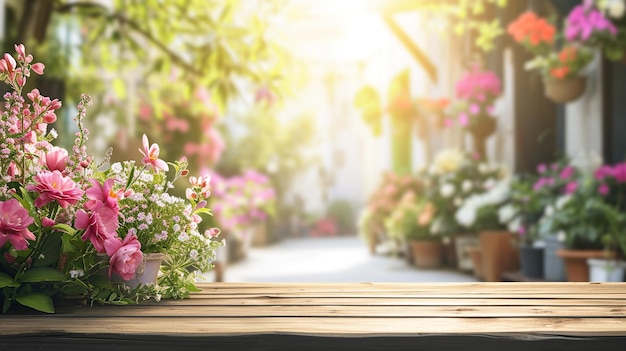 Fondo de jardín de primavera en flor para el Día de las Madres con mesa