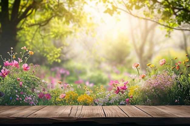 Fondo de jardín de primavera en flor para el Día de las Madres con mesa