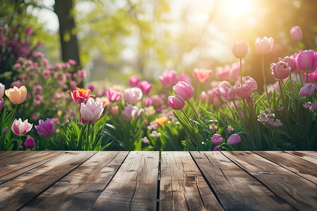 Fondo de jardín de primavera en flor para el Día de las Madres con mesa