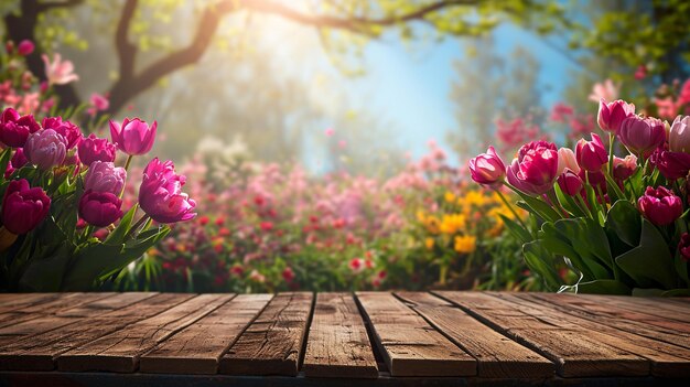 Fondo de jardín de primavera en flor para el Día de las Madres con mesa