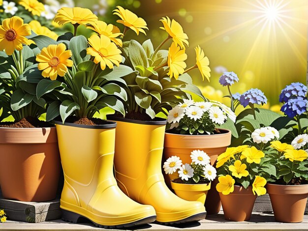 Fondo de jardinería con macetas de flores botas amarillas en un jardín soleado de primavera o verano