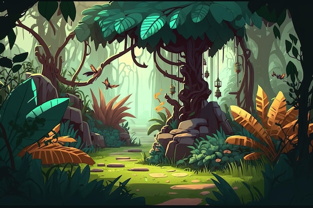 Fondo de juego 2D de bosque tropical Ilustración digital de escenarios para un juego de aventuras AI