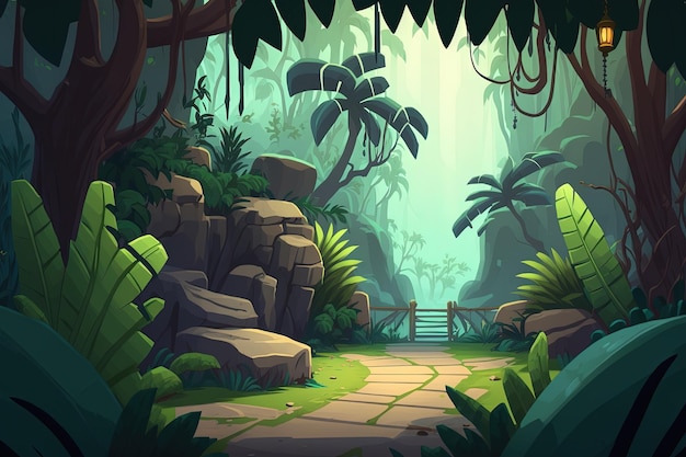 Fondo de juego 2D de bosque tropical Ilustración digital de escenarios para un juego de aventuras AI