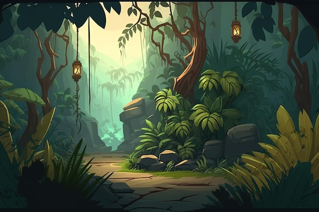 Fondo de juego 2D de bosque tropical Ilustración digital de escenarios para un juego de aventuras AI