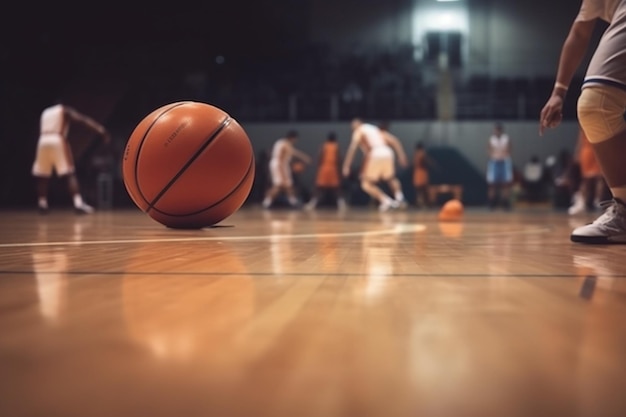 Fondo de juego de entrenamiento de baloncesto Baloncesto en el piso de la cancha de madera de cerca con jugadores borrosos