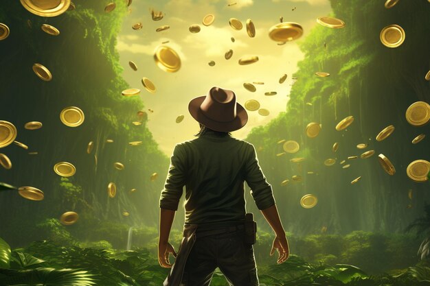 fondo de juego de un hombre de espaldas con un sombrero sobre un fondo de monedas de oro