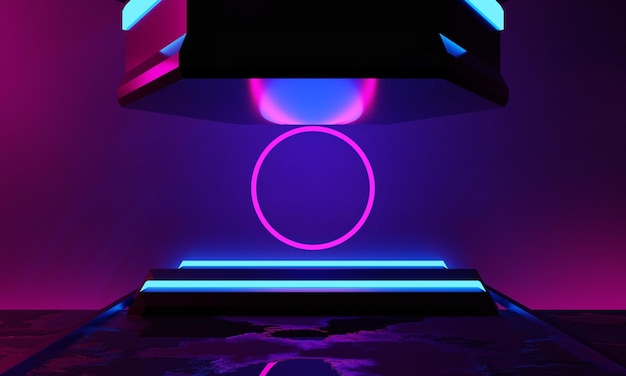 Fondo de juego papel tapiz abstracto estilo cyberpunk juego de ciencia ficción resplandor de neón de la escena del escenario en la sala del pedestal renderizado de ilustración 3d