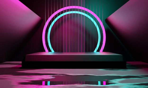 Fondo de juego papel tapiz abstracto estilo cyberpunk juego de ciencia ficción resplandor de neón de la escena del escenario en la sala del pedestal renderizado de ilustración 3d