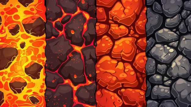 Foto para el fondo del juego texturas de piel de dragón y azulejos de lava con piedras moderno dibujo animado patrones sin costuras de lava y escamas rojas de reptiles o monstruos