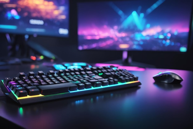 Fondo del jugador configuración de juegos de alta tecnología moderna con luces RGB en el escritorio