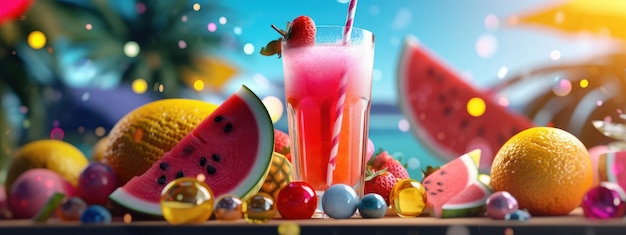 Foto fondo de jugo de fruta fresca con varias frutas tiempo festivo de verano ai generativo