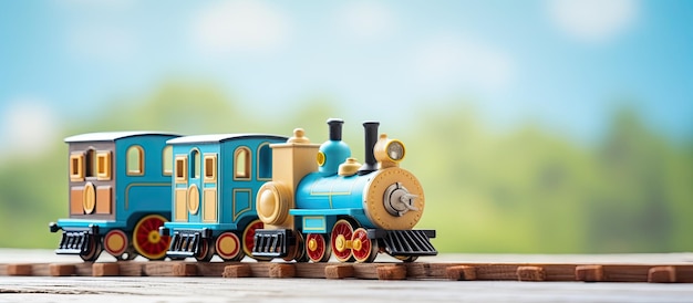 Fondo de juguetes con amplio espacio para texto Un tren de juguete para niños acompañado por dos vagones