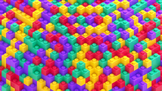 Fondo de ladrillos de juguete Muchos ladrillos de juguete isométricos de colores aleatorios representación 3d