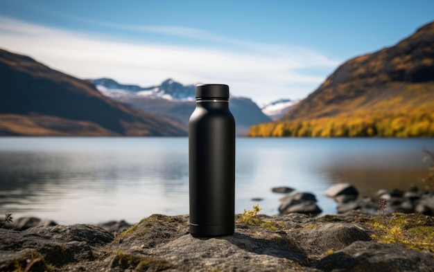 El fondo del lago tranquilo con una botella de agua negra