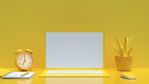 Fondo de laptop en color amarillo y maqueta de escritorio de trabajo para su texto con notebook