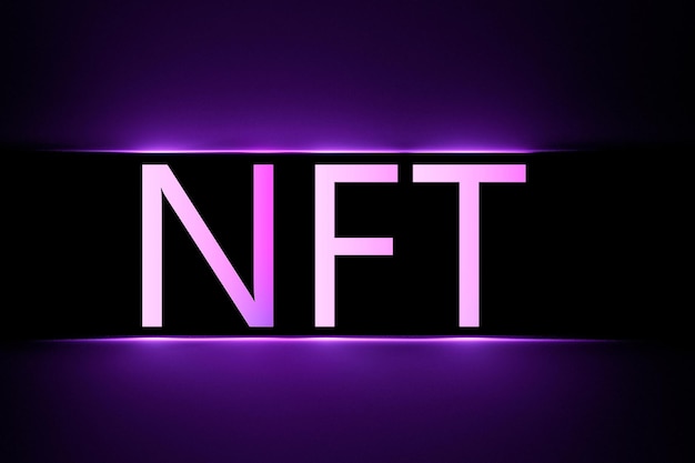 El fondo con letras NFT de neón brillante. Ilustración 3D. NFT luminoso.